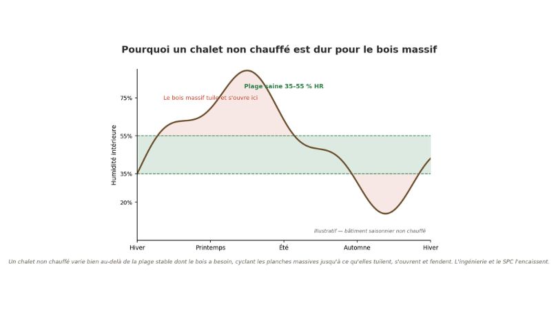 Un chalet non chauffé varie bien au-delà de la plage d'humidité stable dont le bois a besoin, cyclant les planches massives jusqu'à ce qu'elles tuilent et s'ouvrent.